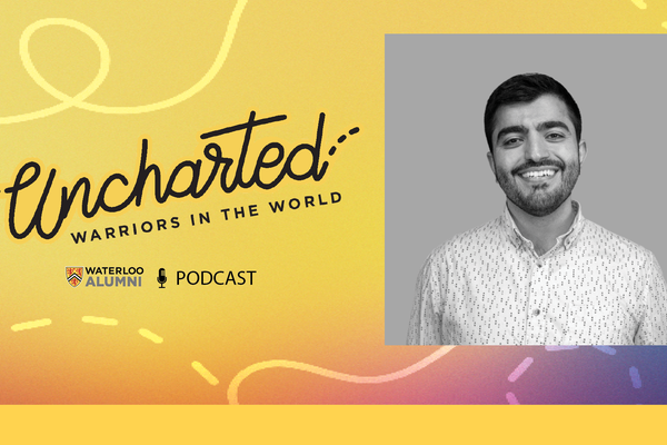 Ahmed Mezil (BASc ’14) on a banner that says Uncharted, warriors in the world.