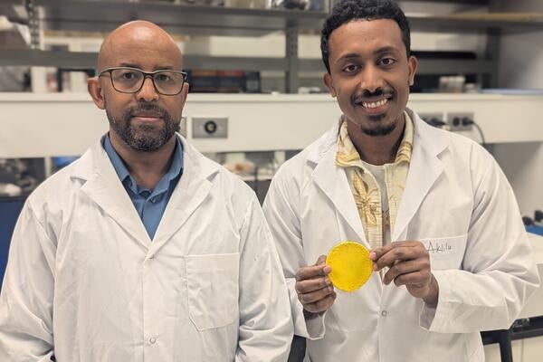 Dr.Tizazu Mekonnen (left) and PhD student Aklilu G. Messele holding the flexible polymer material developed to replace the lead.