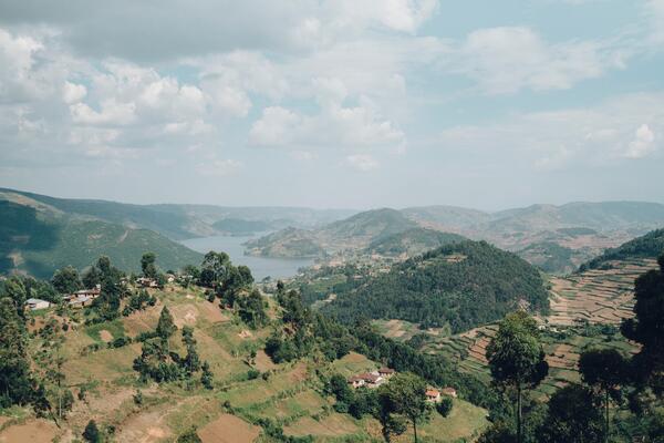 Lake Bunyonyi in Uganda surrounded by farm land