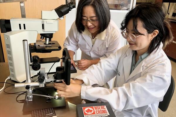 Dr. Carolyn Ren (left) works with new technology to detect E. coli bacteria in water with PhD student Qianying (Alice) Mao in he