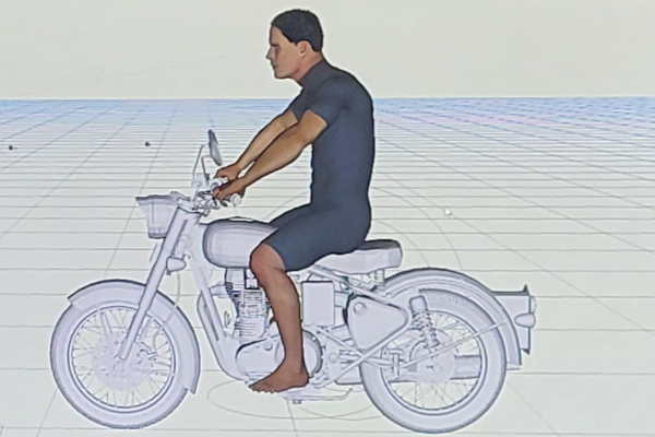 Digital human model being used to analyze the posture of a motorcycle rider.