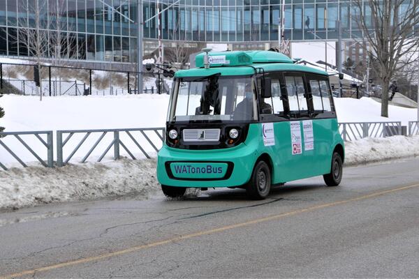 WATonoBus, a self-driving shuttle, during testing at the University of Waterloo.