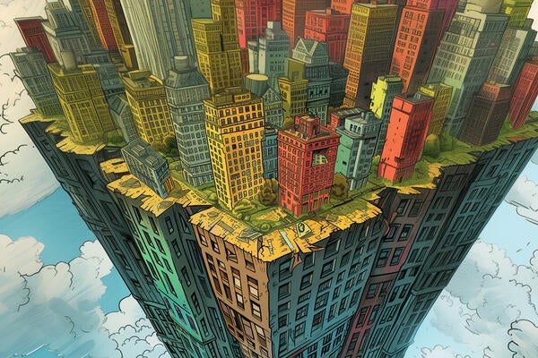 A comic book style rendering of tall buildings reaching into the sky