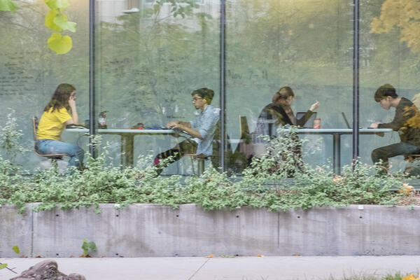students on campus studying