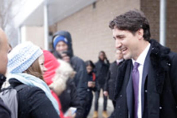 Justin Trudeau greets students outside the Science Teaching Complex