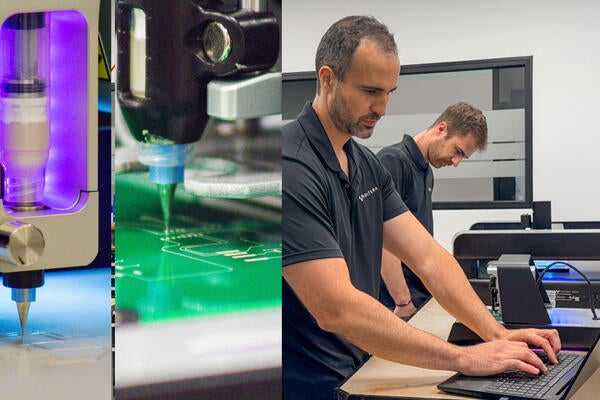 Photo collage of Voltera's V-One and NOVA printers with Jesus Zozaya and James Pickard in the lab