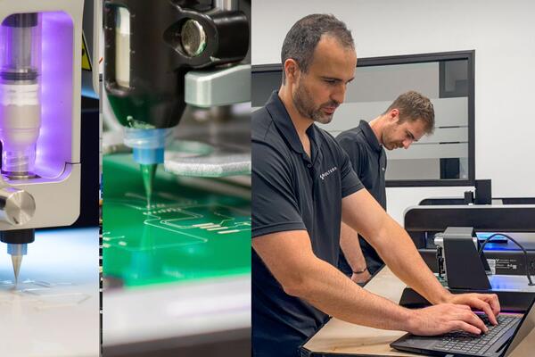Photo collage of Voltera's V-One and NOVA printers with Jesus Zozaya and James Pickard in the lab