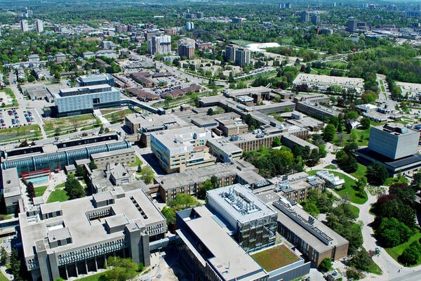 Aerial view of UWaterloo campus facing southeast
