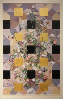 Art piece by Jess Lincoln featuring geometric, coloured squares and triangles with flowers strewn about