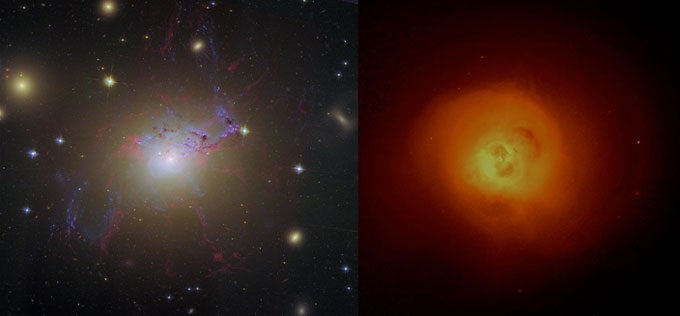 Visible light and x-ray images of the Perseus cluster of galaxies