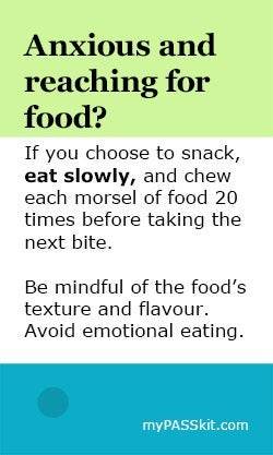 Sample card recommending that stressed out students should take the time to chew their food 20 times and pay attention to the taste and texture to avoid emotional eating