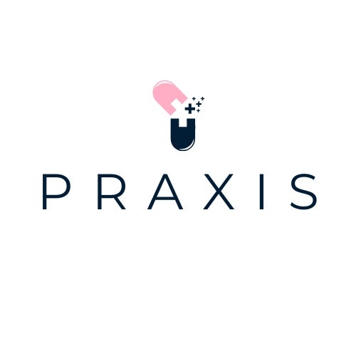 Praxis logo with a medication pill above it