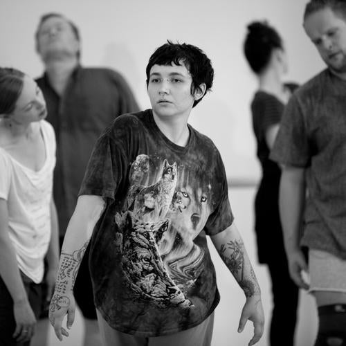 Dancer with wolf shirt rehearses
