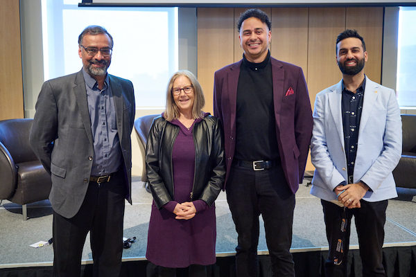 Niraj Bhargava (BASc ‘86), Dr. Linda Duxbury (PhD ‘83, MASc ‘77, BSc ‘75), Robert Beamish (BA ‘15) and Salman Jivani