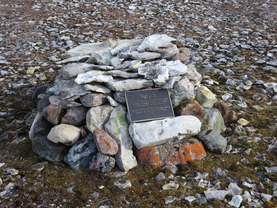 Commemorative cairn at Erebus Bay constructed in 2014. The cairn contains the remains of John Gregory and two other members of t