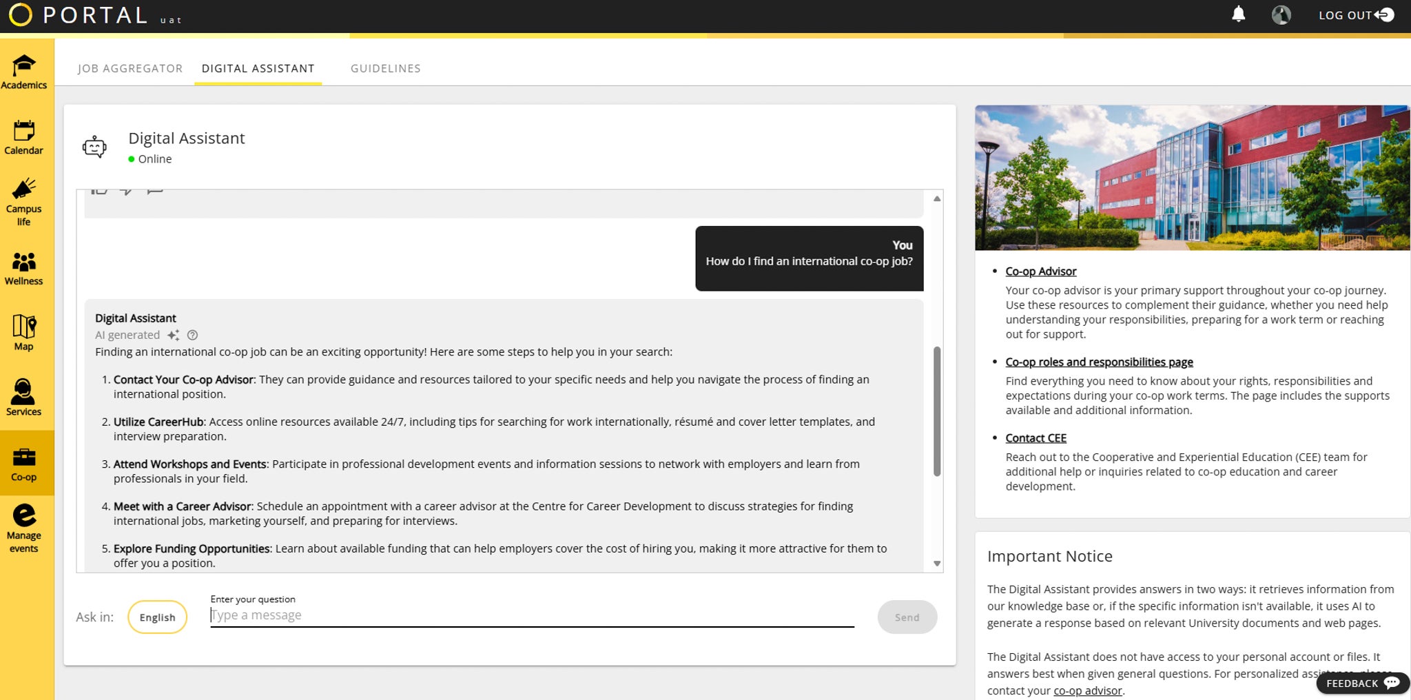 Screenshot of digital assistant artificial intelligence on Waterloo's Portal app