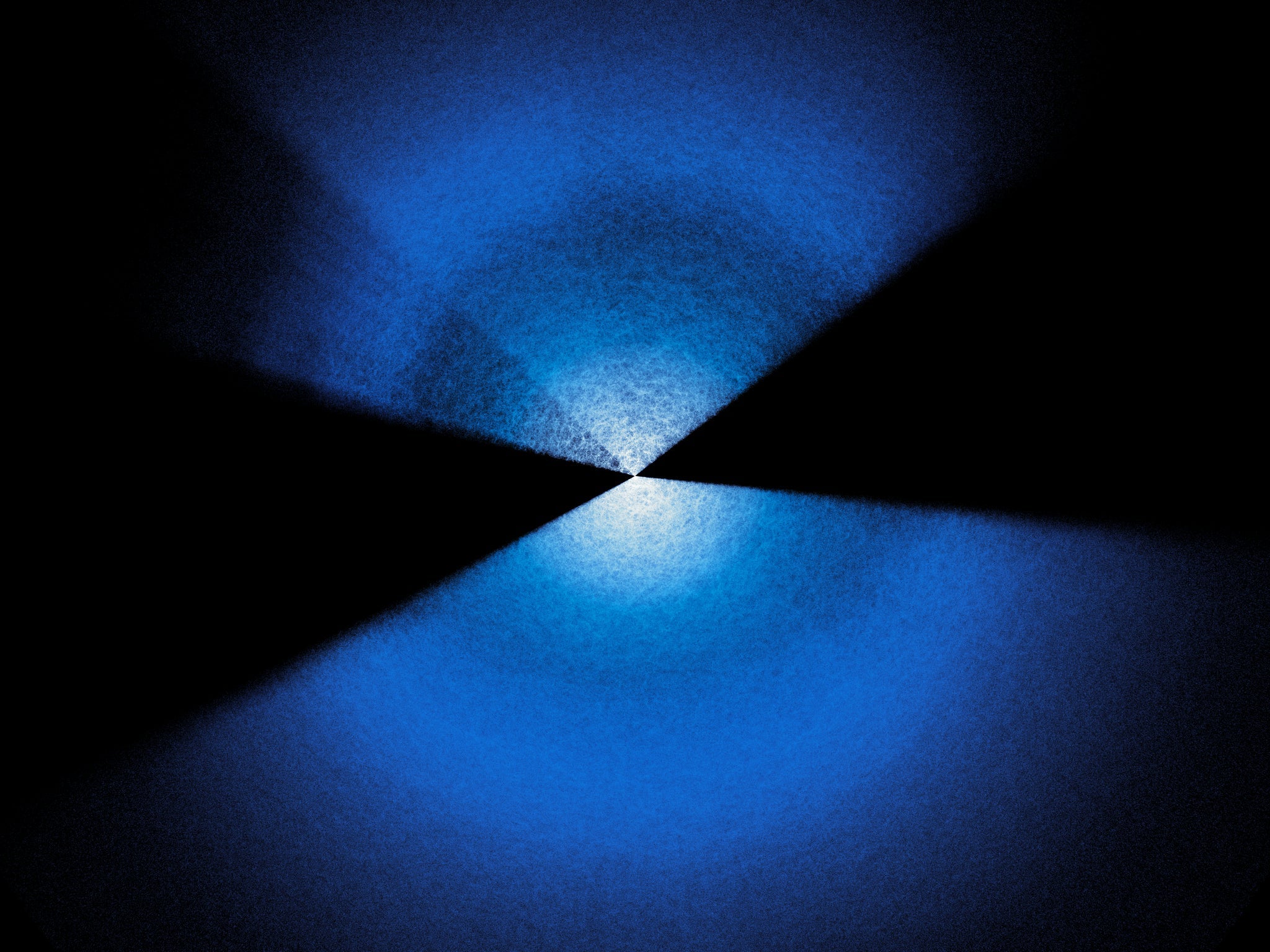 Two fans of blue and white dots extending up and down from center on a black background.