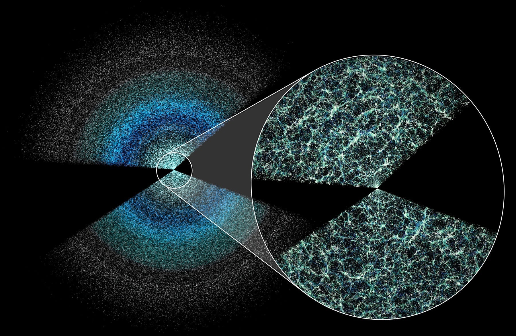 Two broad wedges made of thousands of tiny dots in shades of blue on a black background.
