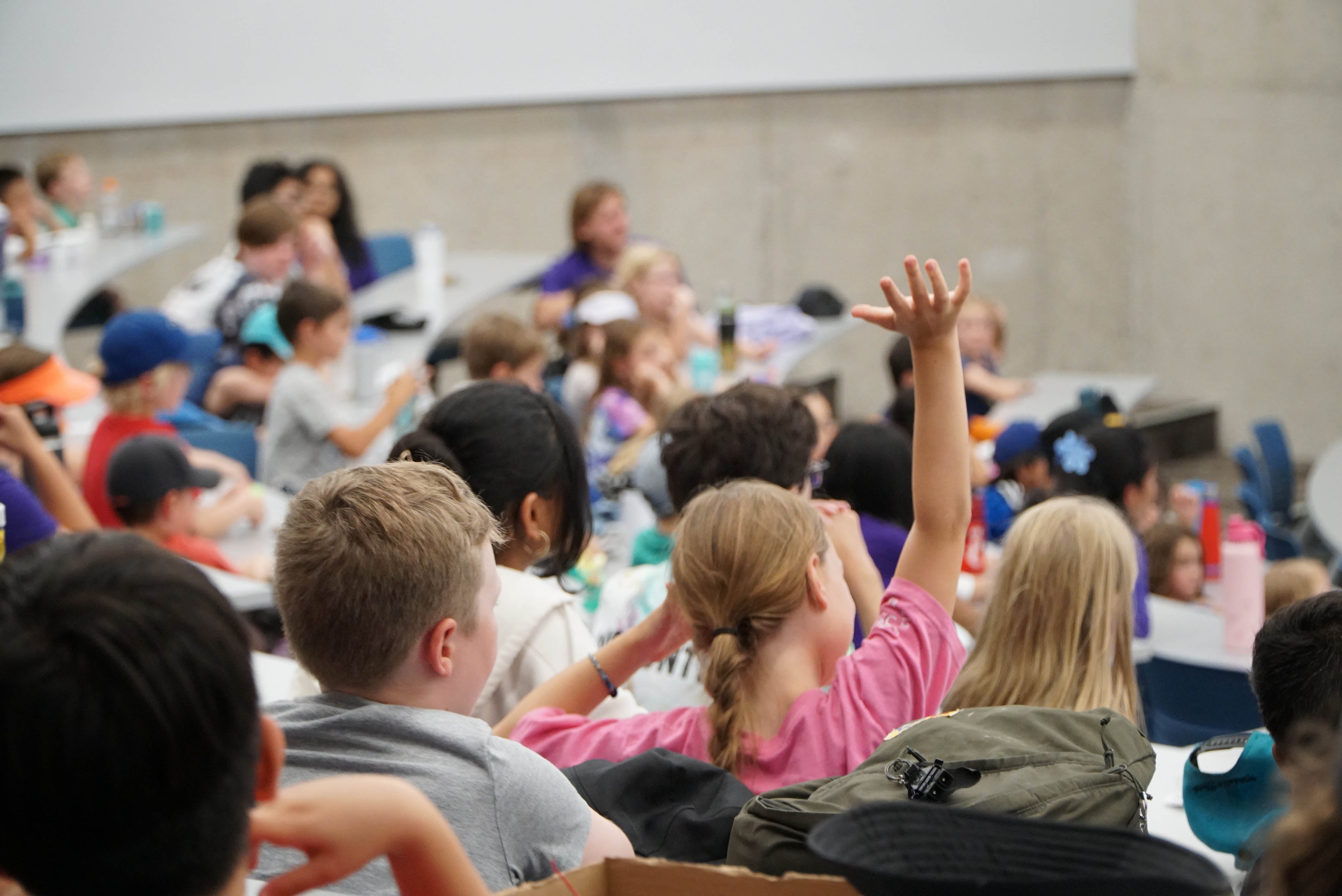 Young student raises hand in lecture hall