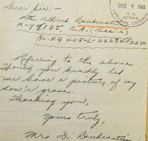 Photo of letter written by Private Laubenstien's mother in 1945 asking for a photo of his grave