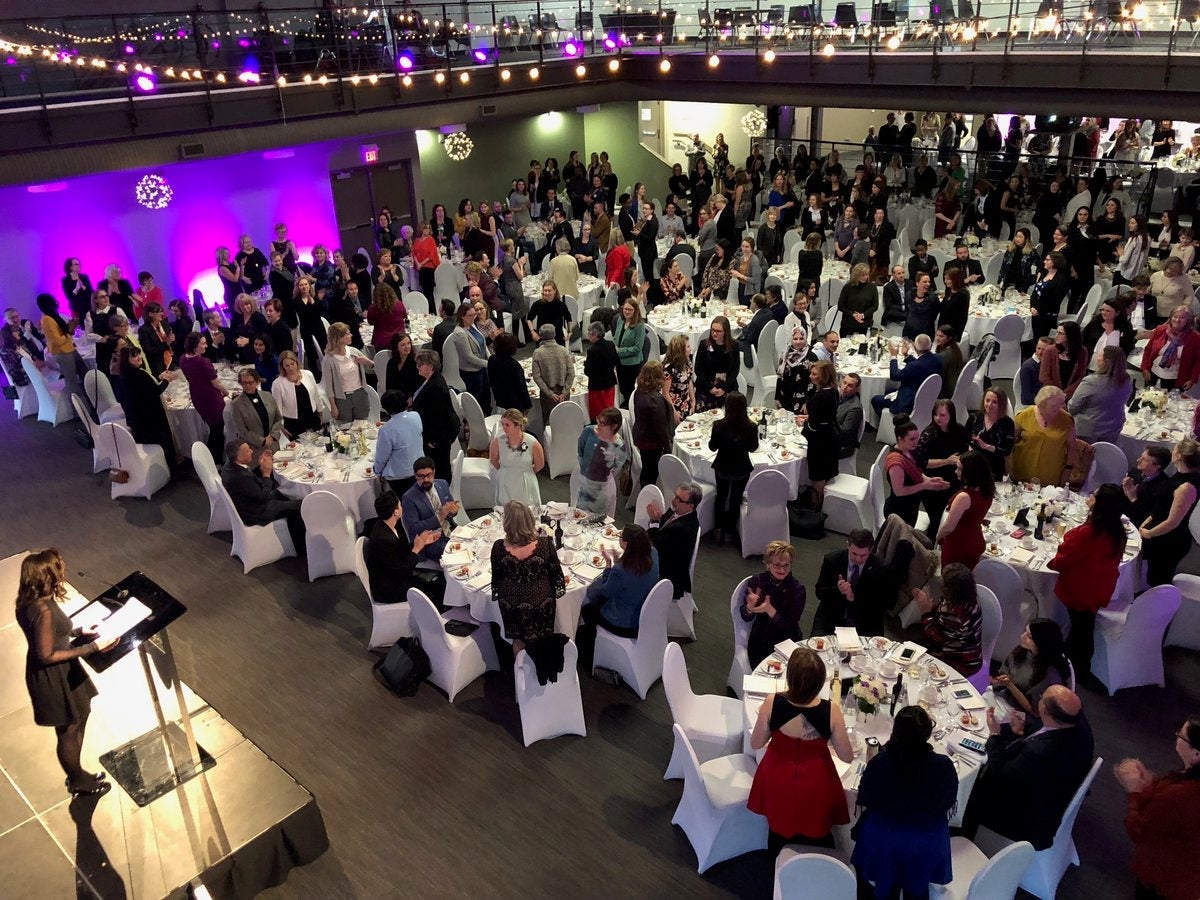 Diana Parry addresses the 2018 crowd at the annual IWD dinner.
