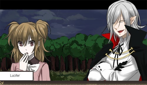 An anime-style illustration shows a male figure in a black cloak and elf ears talking to an anxious-looking young girl holding a hand to her mouth.