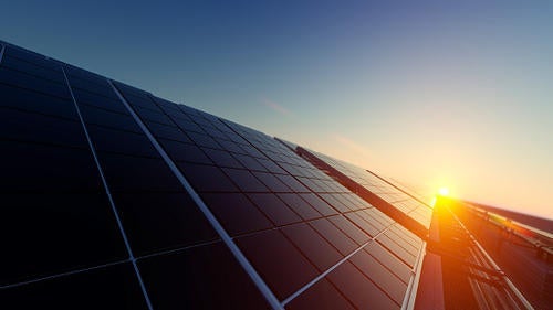 The rising sun sends beams of light across a row of solar panels.