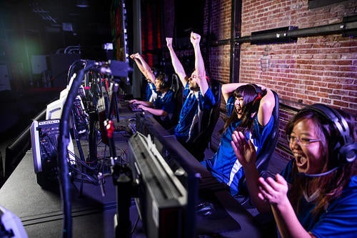 Group celebrates winning a game.