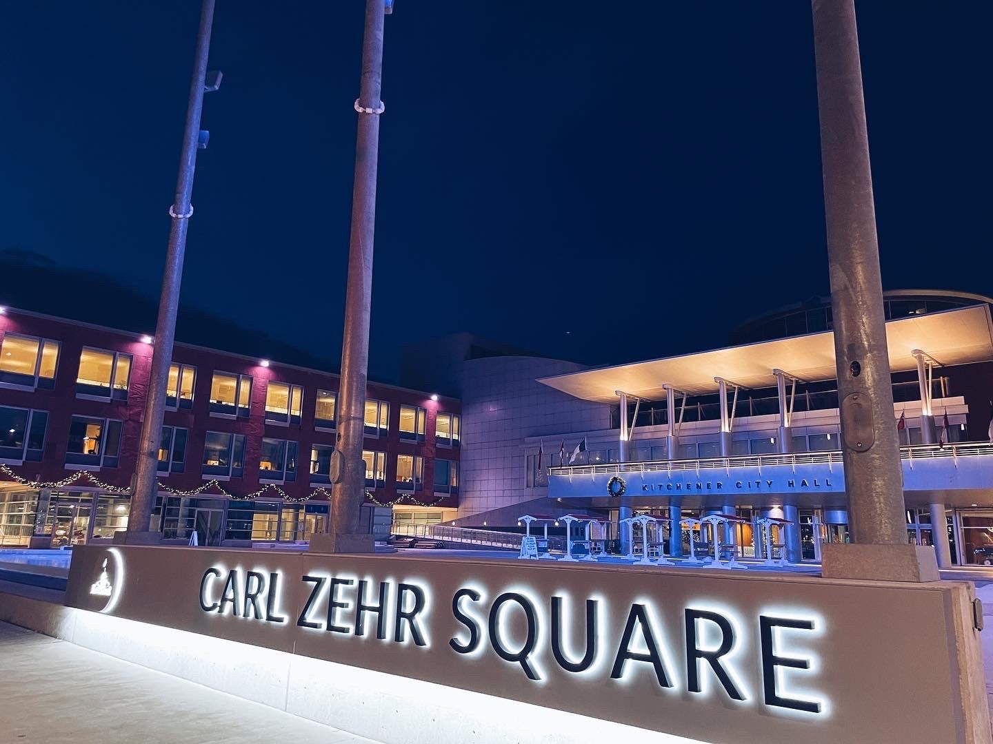 City of Kitchener’s Carl Zehr Square lit up in blue