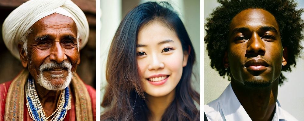 Three of the AI-generated images of an Indian man, an Asian woman and a Black male..
