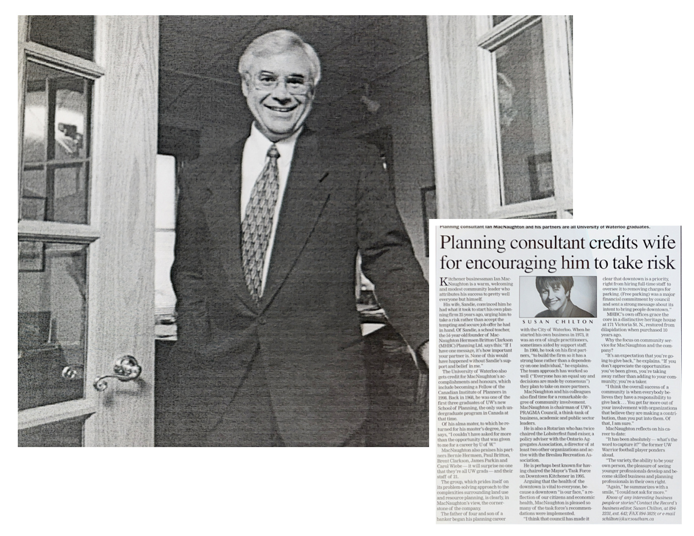 Photo of Ian MacNaughton and newspaper article cutout titled "Planning consultant credits wife for encouraging him to take risk"