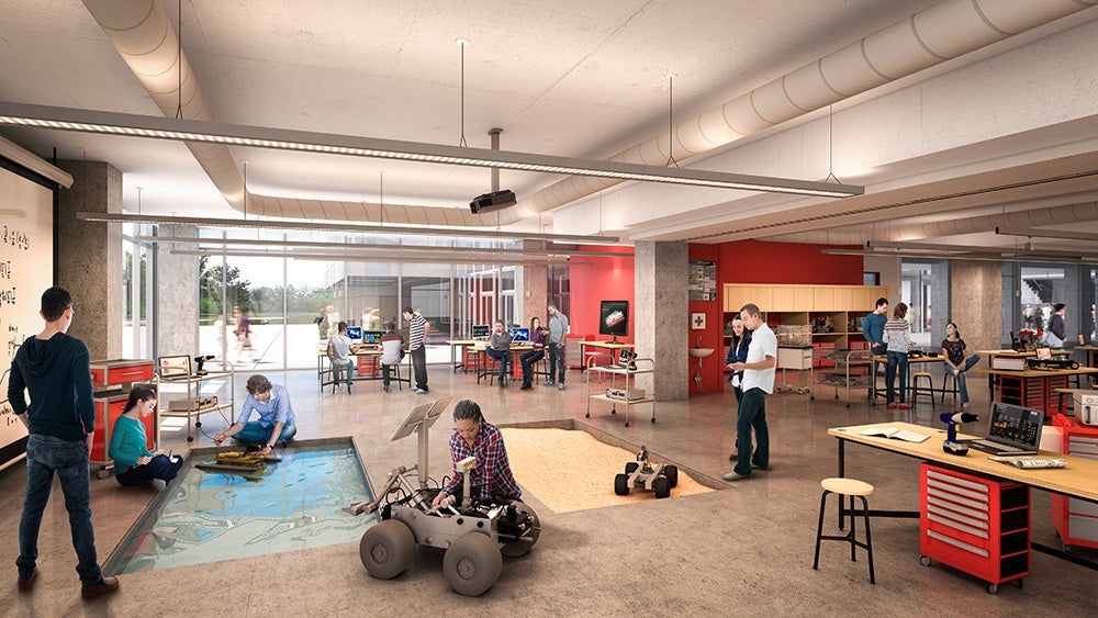 Illustration of students working on robotics projects in the new Ideas Clinic