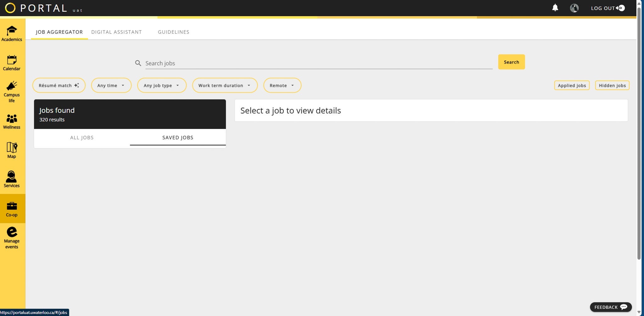 Job aggregator screen on Waterloo's Portal