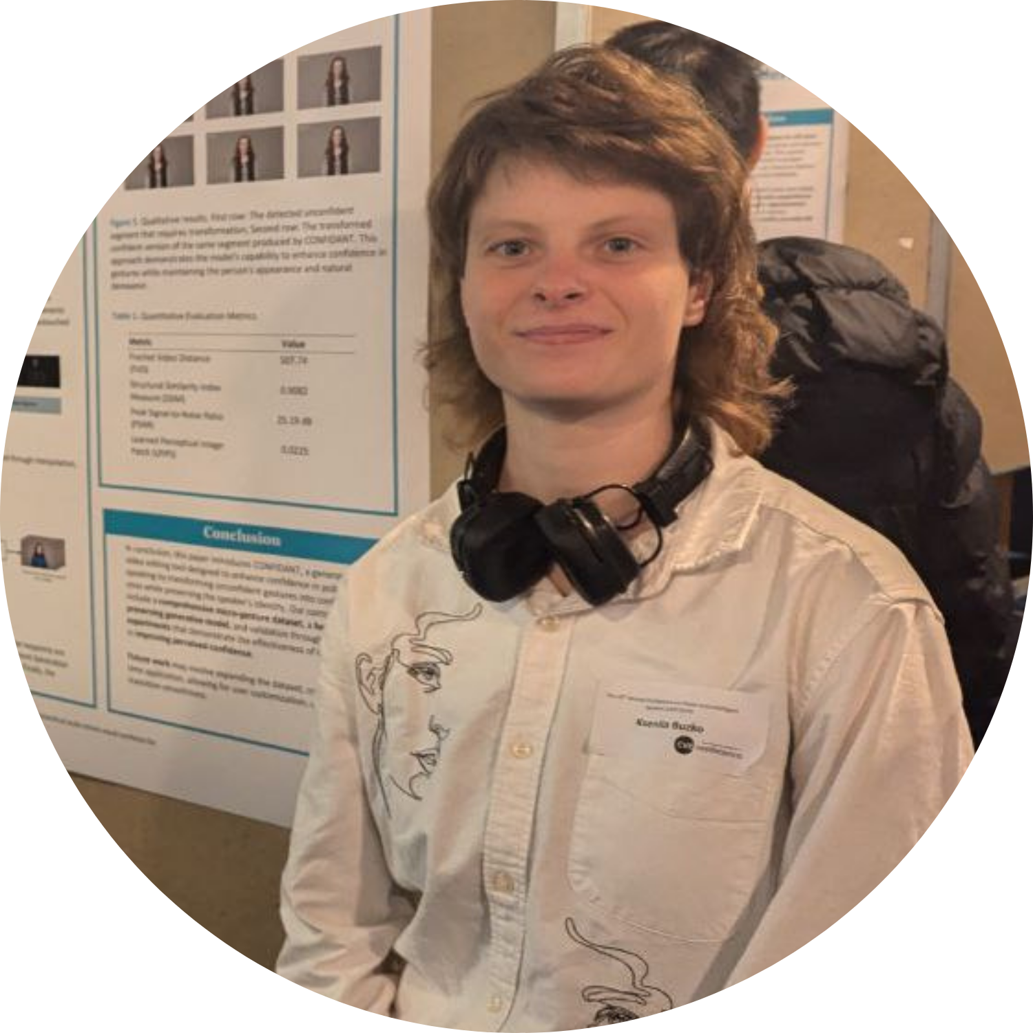A young woman poses in front of her research presentation.