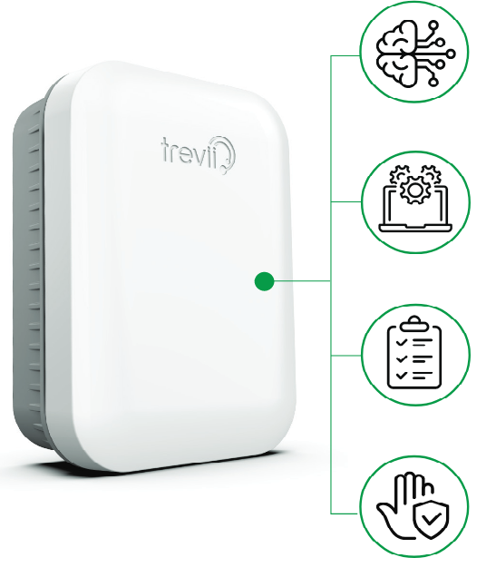 Trevii device with icons of a hand, check-mark, clipboard, computer and brain