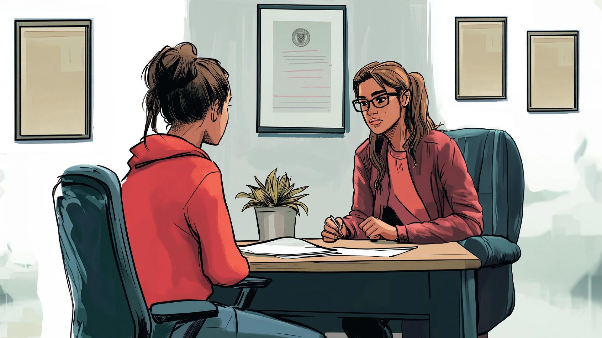 a comic book rendering of a woman counselling a teen