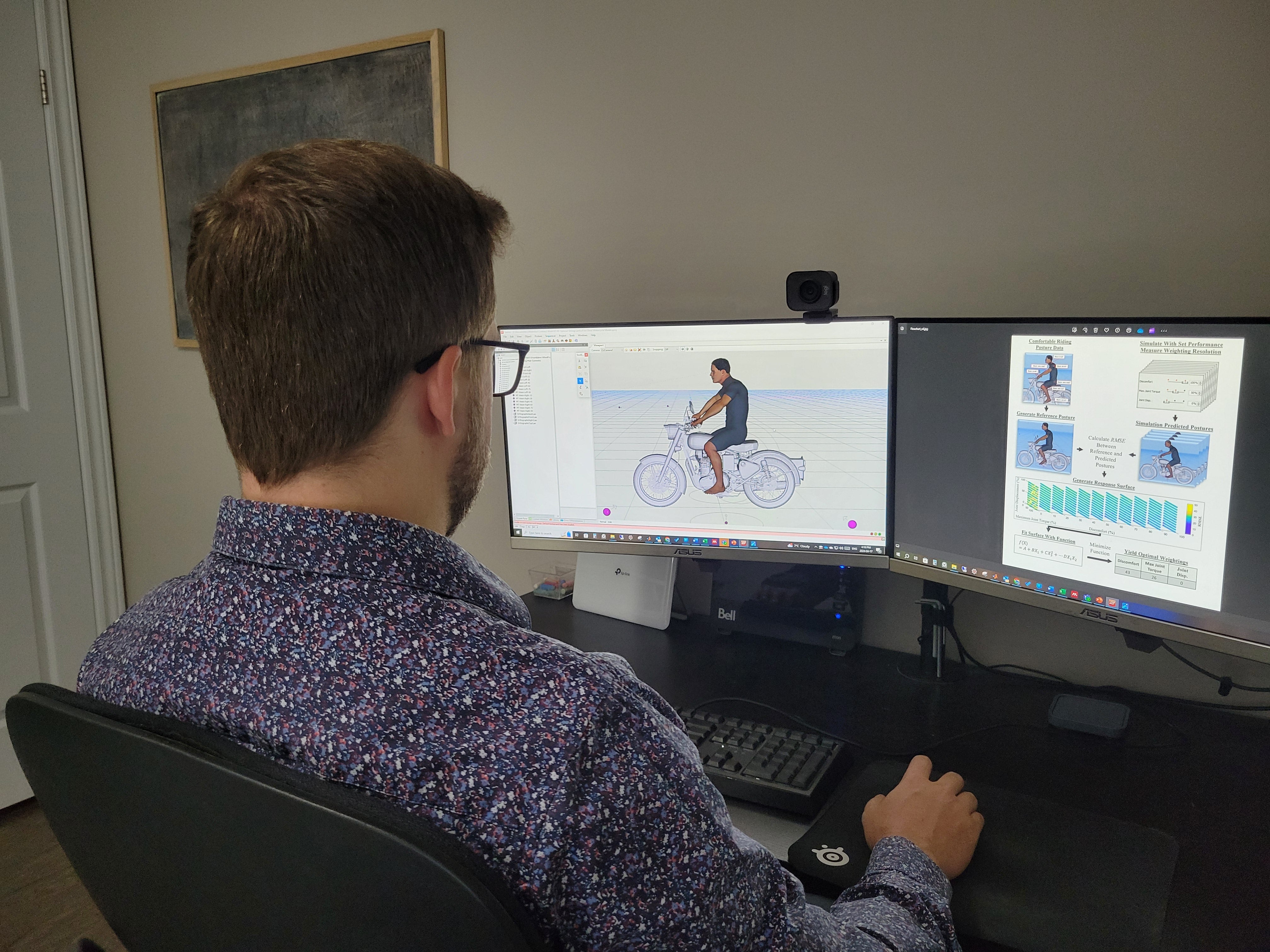 Justin Davidson, University of Waterloo PhD candidate using a digital human model to analyze the posture of a motorcycle rider