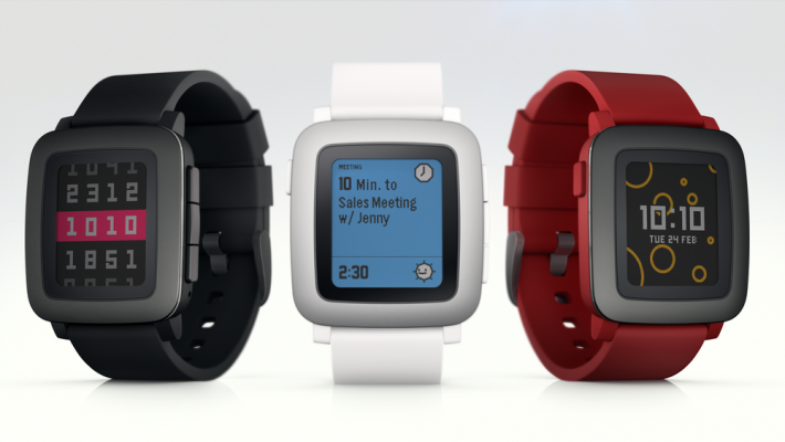 A black, white, and red Pebble Time Smart Watch