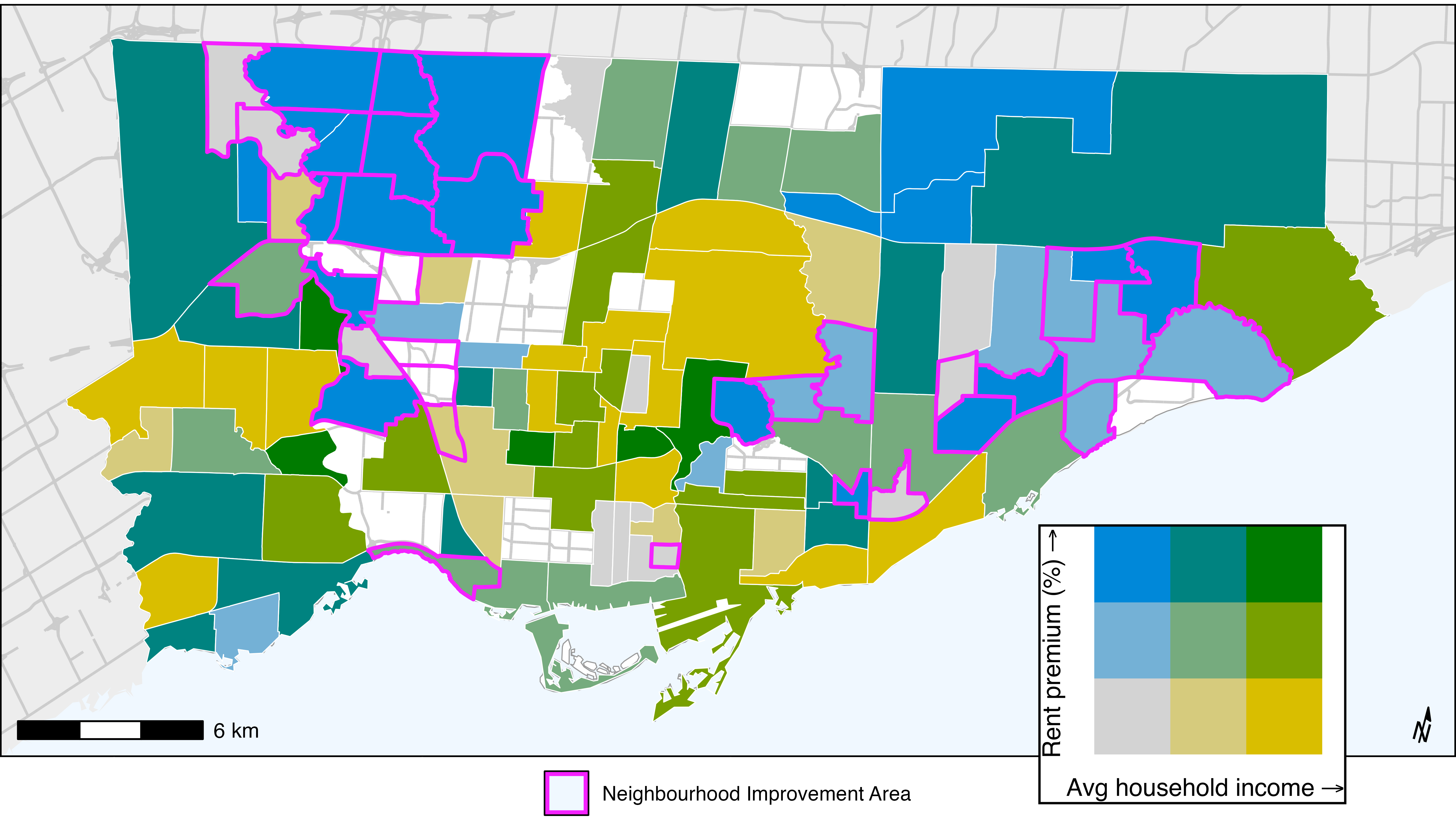 Map of Toronto showing neighbourhoods represented by different colours based on rent premiums and average household income