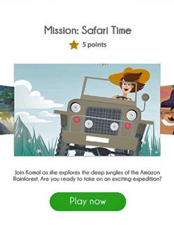 Cartoon woman in Jeep driving through a safari with