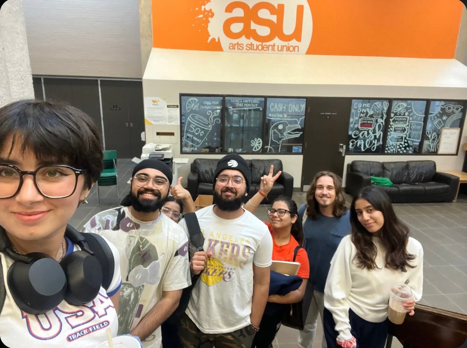 Sehaj and friends outside the Arts Student Union office