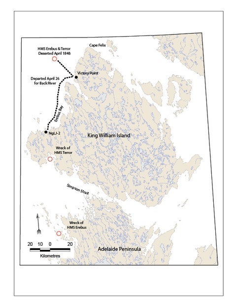 Map showing where various artifacts from the Franklin expeditions have been found