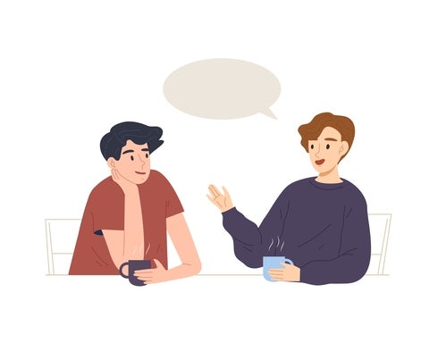 Cartoon of two people having a conversation while having a hot beverage.