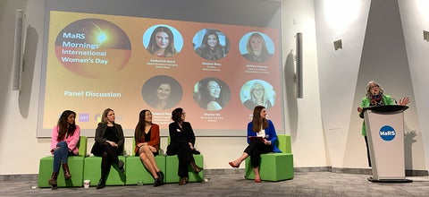 Brigitte Nolet speakers at the MaRS International Women's Day event alongside five other women panelists