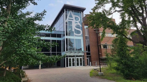 Hagey Hall displaying the Arts lettering in glass