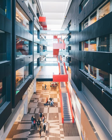 Overhead shot inside Pearl Sullivan Engineering Building with busy foot traffic below