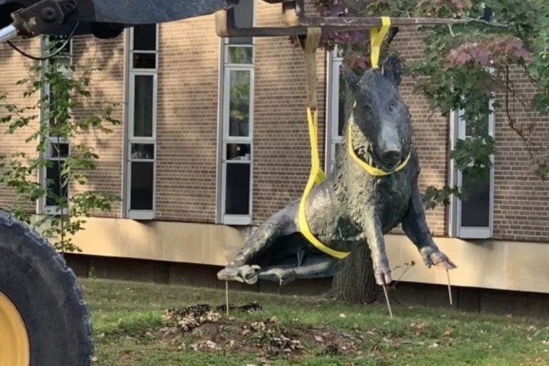 Porcellino hanging from a forklift