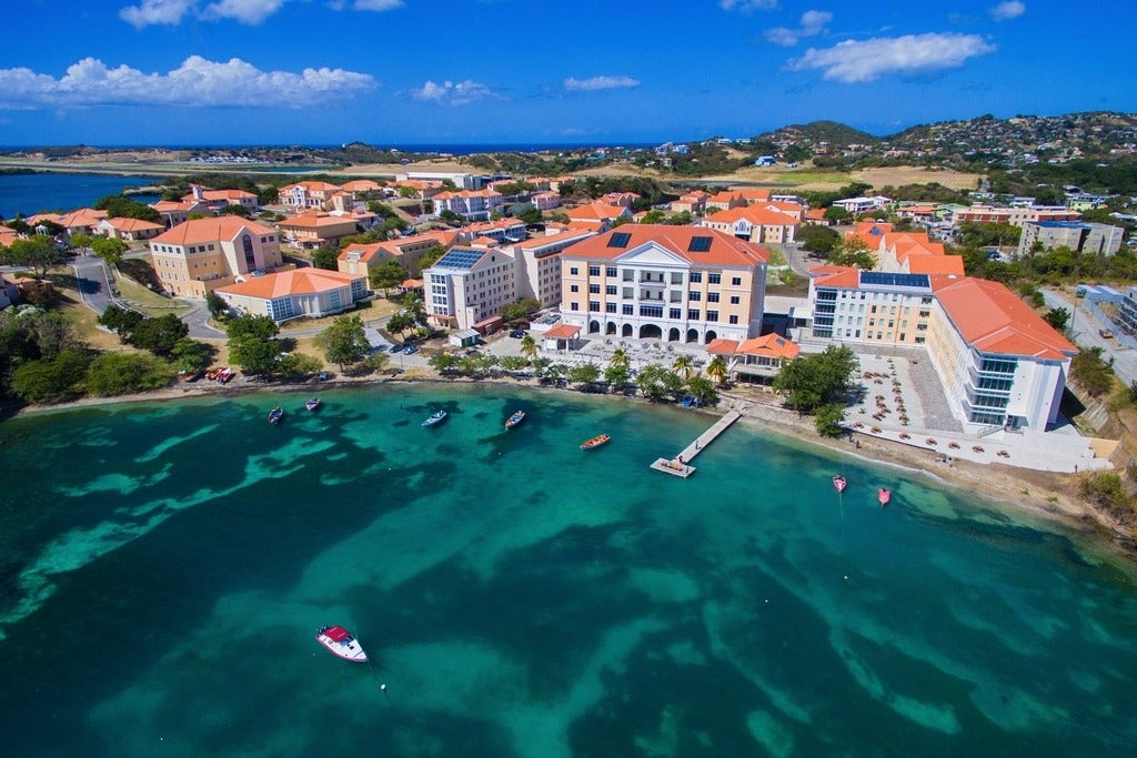 Campus of St. George's University, showing beach and coastal waters