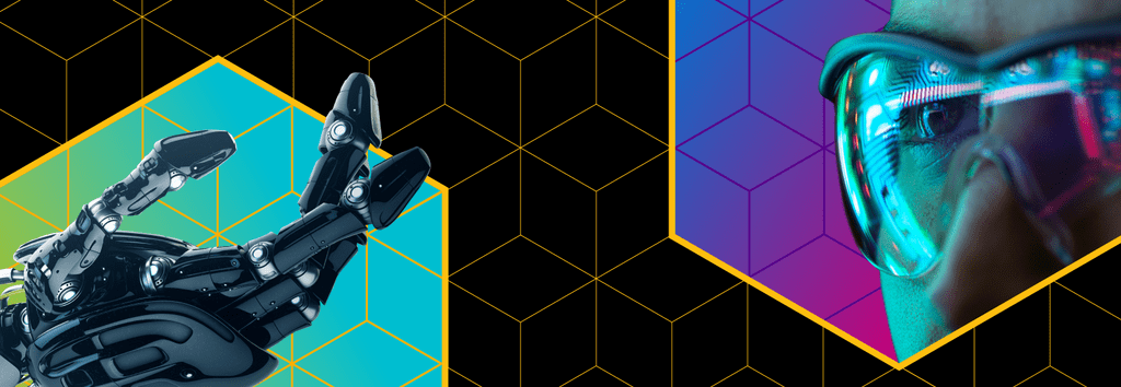 Transformative Health banner image with robotic hand and augmented reality glasses