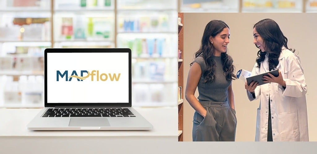Photo collage of MAPflow's logo on a computer with Dr. Nardine Nakhla showing a colleague how to cross reference medicine 